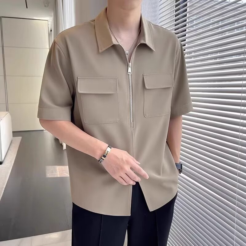 Khaki men's short sleeve zip-up shirt, collared, relaxed fit. Perfect casual top for comfortable summer fashion.