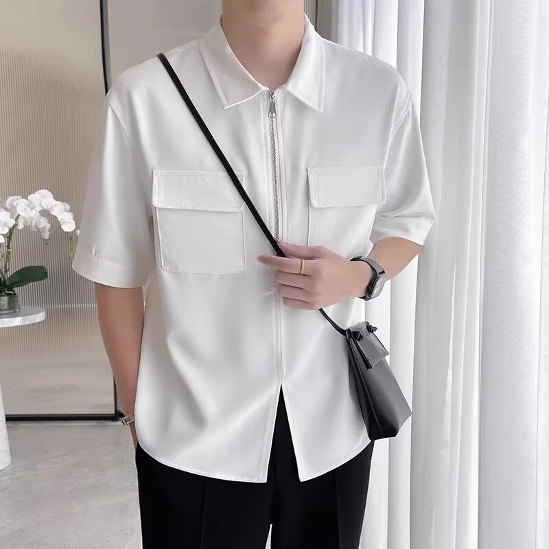 Stylish men's zip-up casual shirt, short sleeve & collared. Relaxed fit top for effortless summer and everyday fashion.