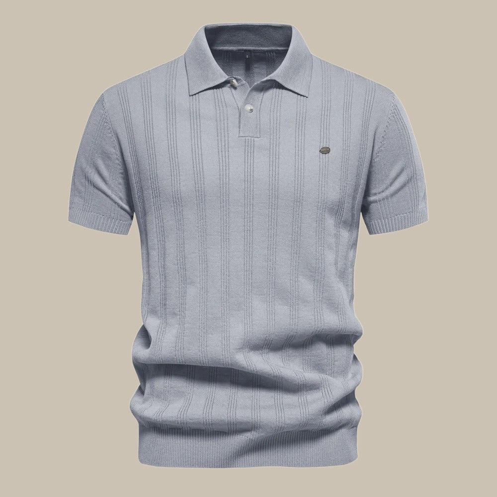 Close-up of the Men's Blake Merino Wool Polo Shirt showing its fine knit texture and collar.
