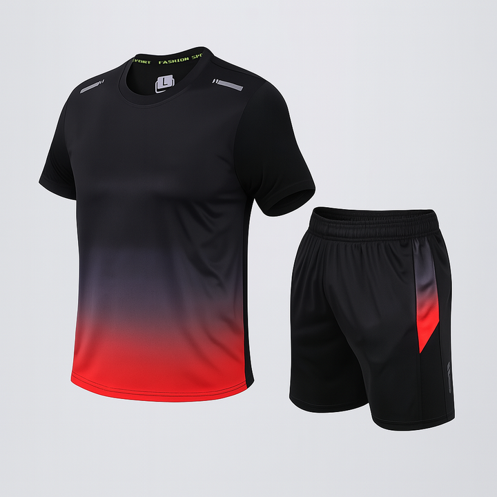 Stylish men's sportswear outfit featuring a blue jacket and matching red joggers for a dynamic look.