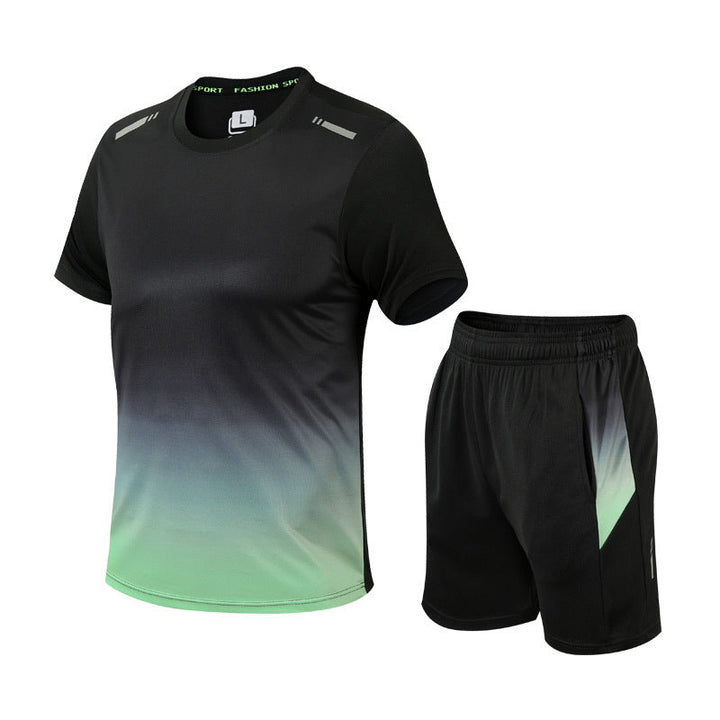 Performance set for men: blue green tracksuit jacket paired with comfortable joggers for athletic wear.