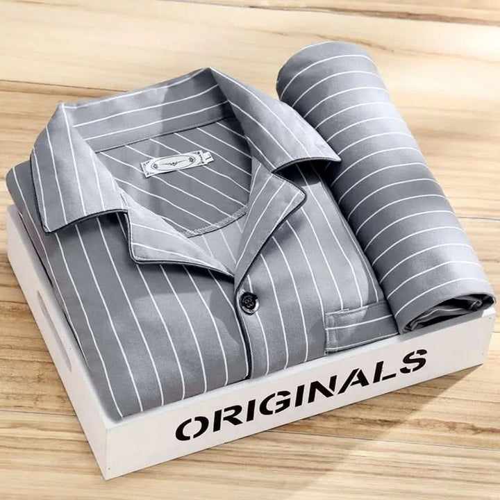 A men's pajama set featuring a comfortable fit and button-front closure.