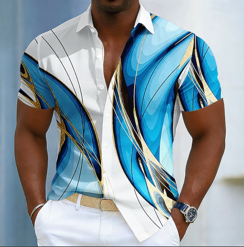 Gold linear style men's shirt, offering modern comfort and a versatile smart casual look.