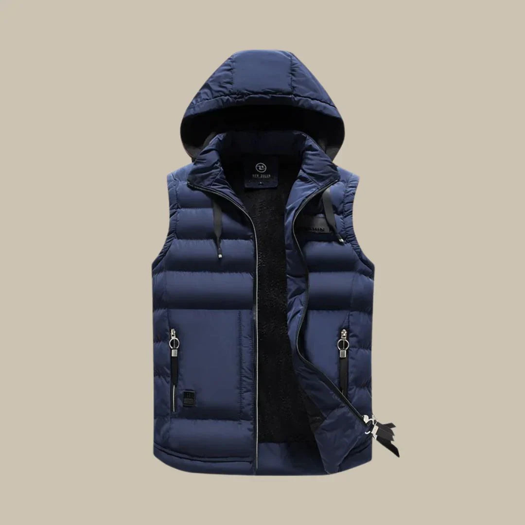 Men's blue padded bodywarmer vest with detachable hood, perfect for casual outdoor wear.