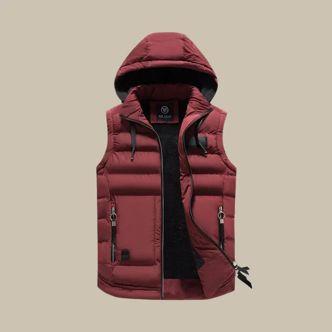 Khaki hooded vest for men, a versatile padded bodywarmer for winter layering.
