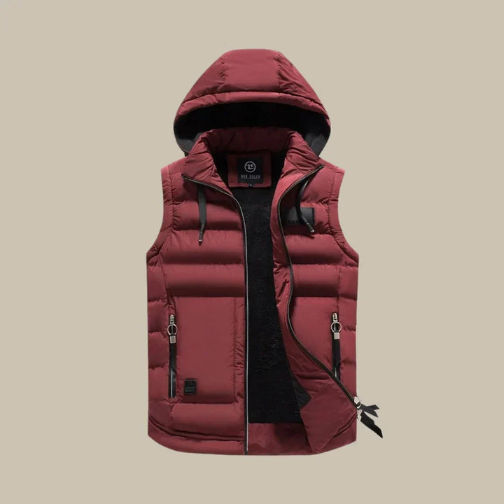 Khaki hooded vest for men, a versatile padded bodywarmer for winter layering.