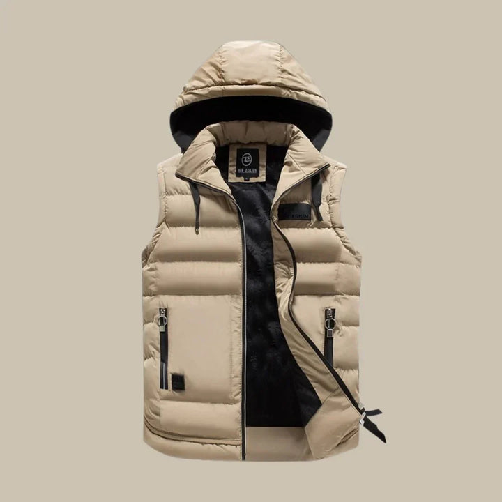 Army green men's sleeveless padded vest with integrated hood, essential winter outdoor apparel.