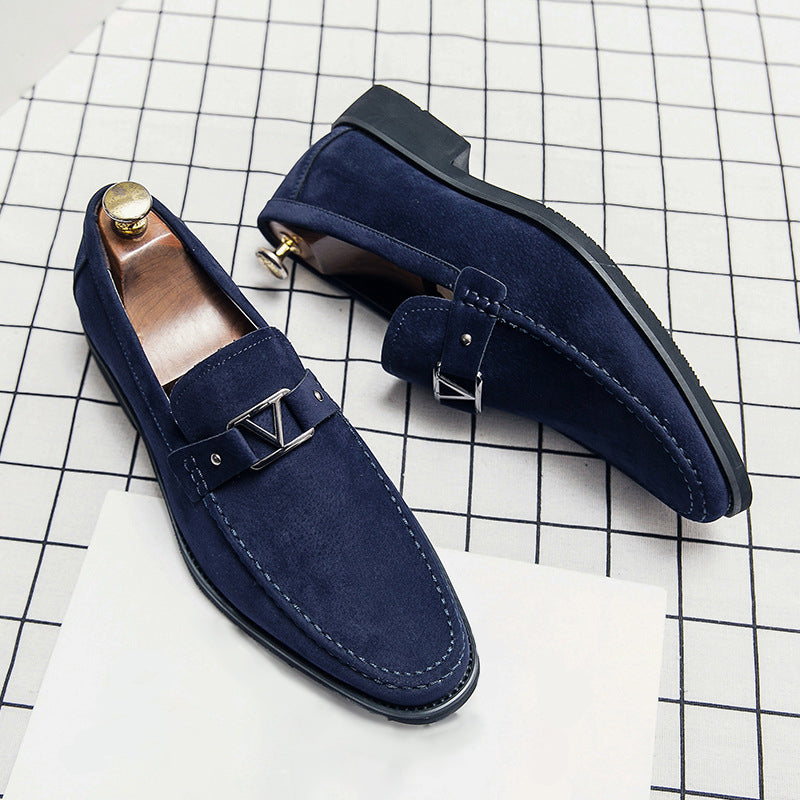 Men's smart casual loafers, comfortable blue slip-on dress shoes with elegant metal detailing
