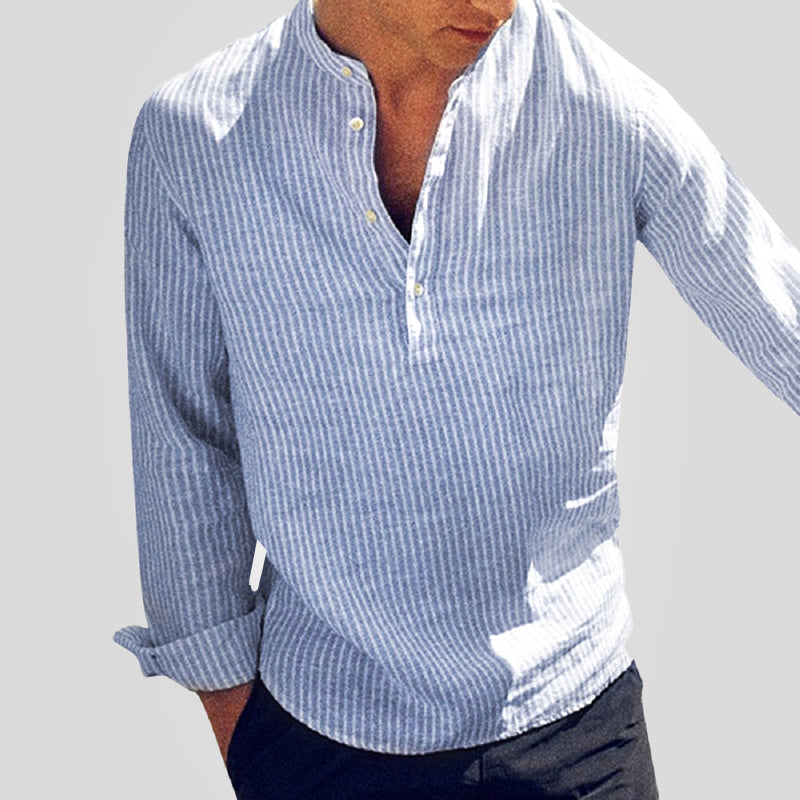 Men's blue striped long sleeve Henley shirt, relaxed fit, perfect for casual or smart casual wear.
