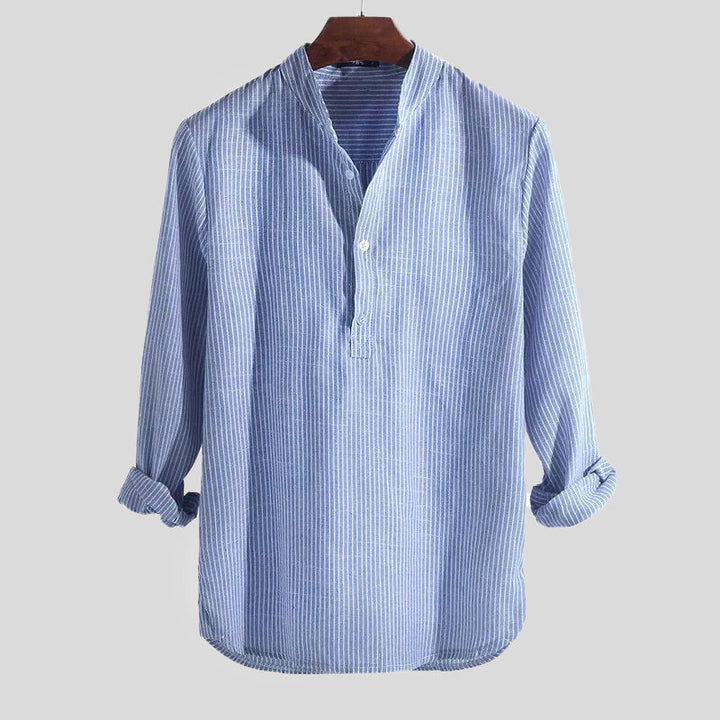 Black striped long sleeve Henley for men. Relaxed fit button-front shirt, great for versatile styling.