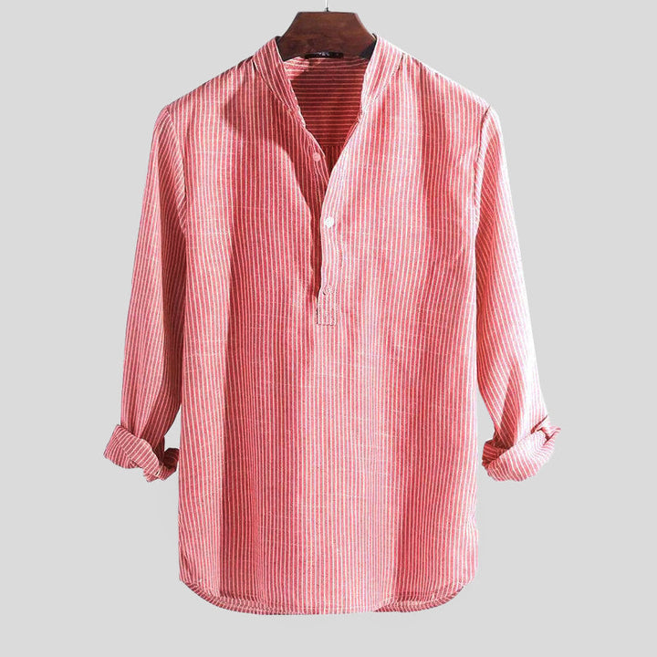 Close-up of men's striped long sleeve Henley shirt, showing button-front placket and relaxed comfortable fit.