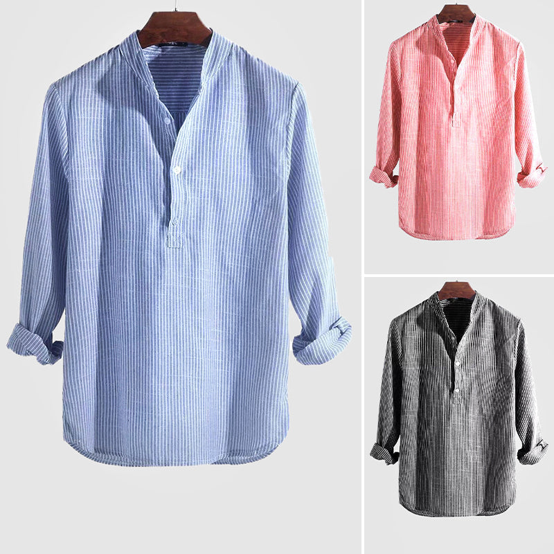 Versatile men's striped long sleeve Henley shirt, relaxed fit. Available in blue, red, black for casual comfort.