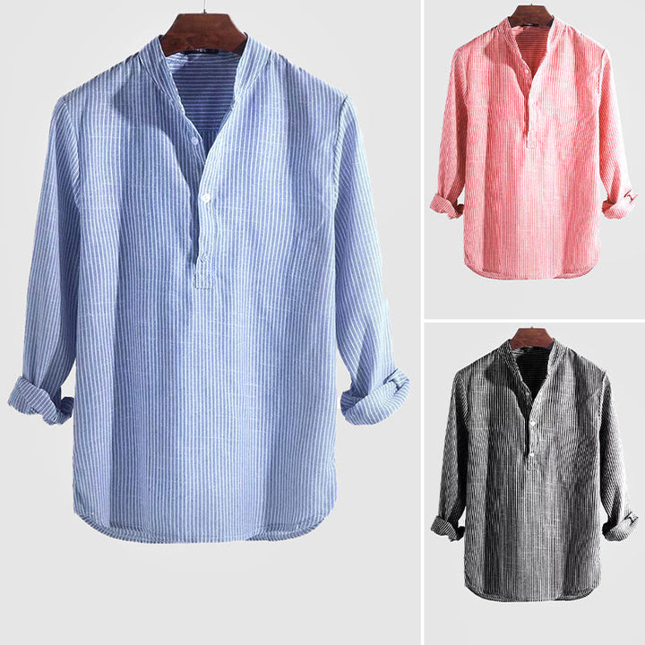 Versatile men's striped long sleeve Henley shirt, relaxed fit. Available in blue, red, black for casual comfort.