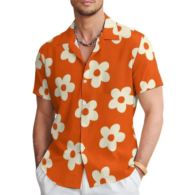 Men's bold orange floral print short sleeve shirt for stylish summer casual wear. Black and purple accents.