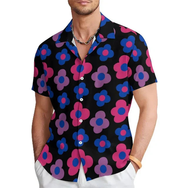 Comfortable men's orange floral print short sleeve summer top, perfect for vacation wear. Bold black & purple design.