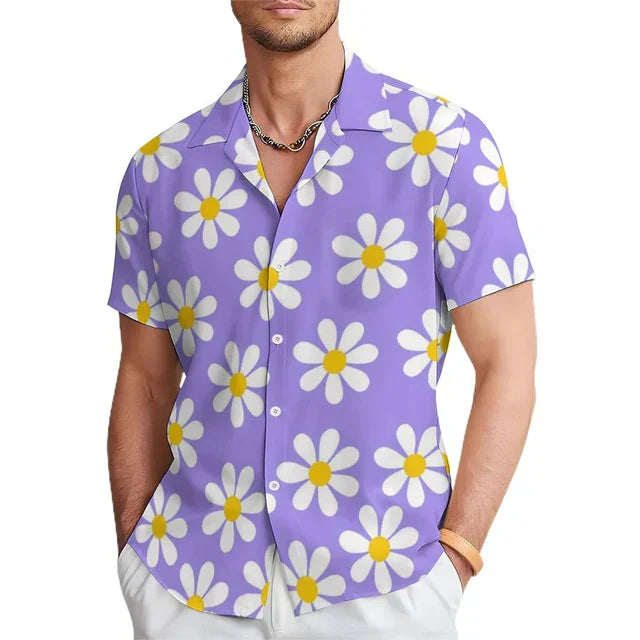 Stylish men's short sleeve floral print shirt with a vibrant orange, black, & purple pattern for summer casual.