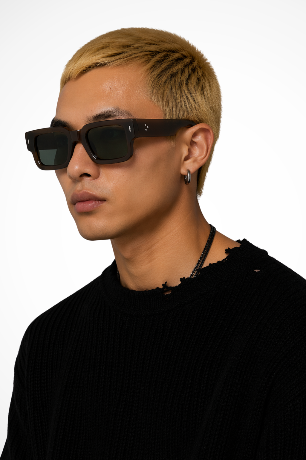 Dynamic men's tinted lens rectangle sunglasses, perfect bold accessory for street style.