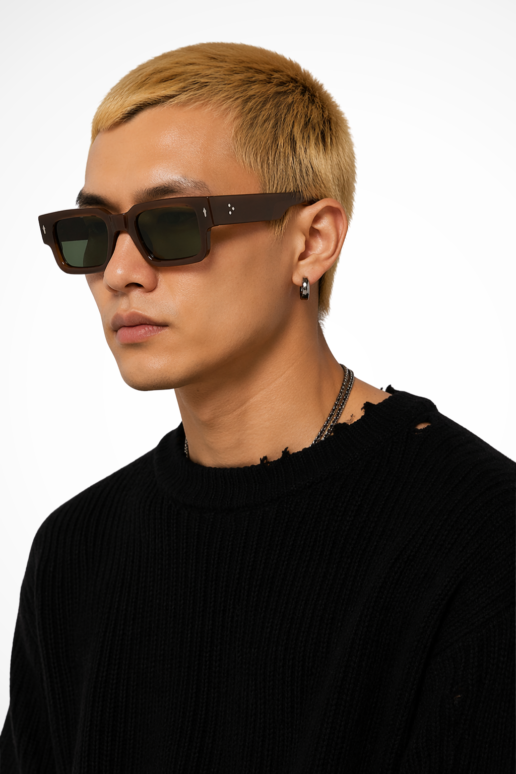 Bold rectangle men's sunglasses. Tinted lenses & street style design. Modern men's accessories.
