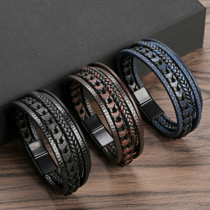 Classic men's braided leather bracelet, Viking theme. Strong magnetic clasp for a secure and stylish fit.