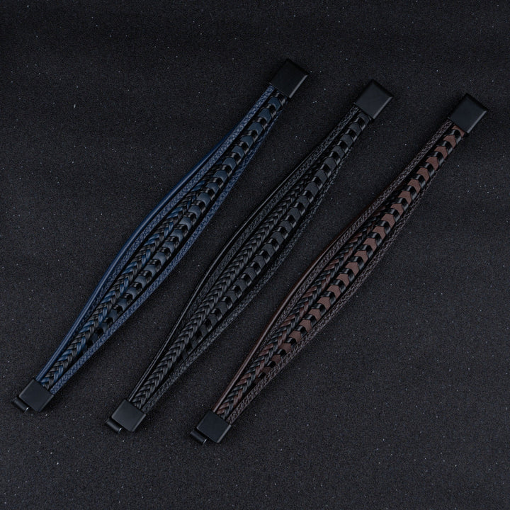 Stylish men's braided leather bracelet, Viking-inspired design with a secure magnetic clasp. Rugged & durable.