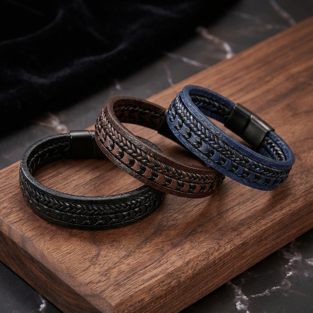 Black braided leather Viking bracelet for men. Magnetic clasp, rugged & timeless men's jewelry accessory.