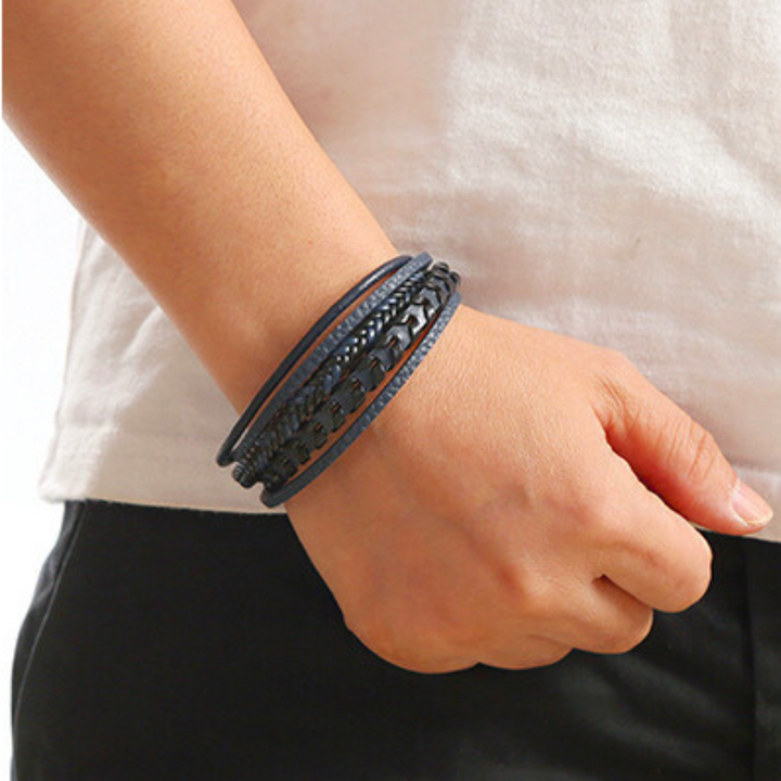 Viking-style braided leather bracelet for men. Magnetic clasp ensures strength and a comfortable fit.