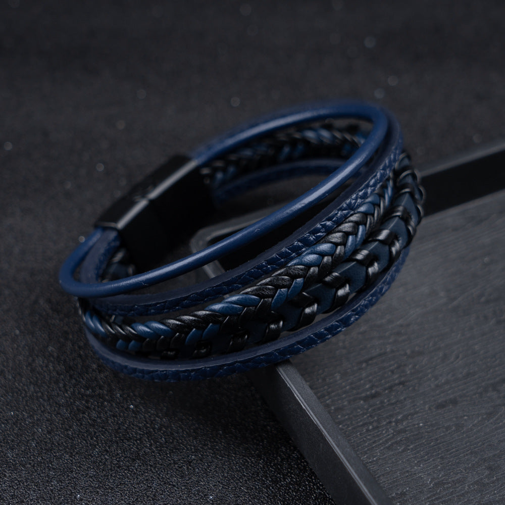 Men's braided leather Viking bracelet featuring a secure magnetic clasp. Rugged, durable daily wear accessory.