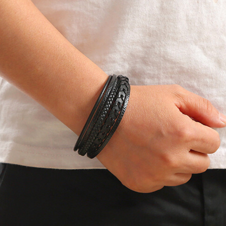 Premium men's braided leather Viking bracelet with a magnetic closure, symbolizing strength and style.