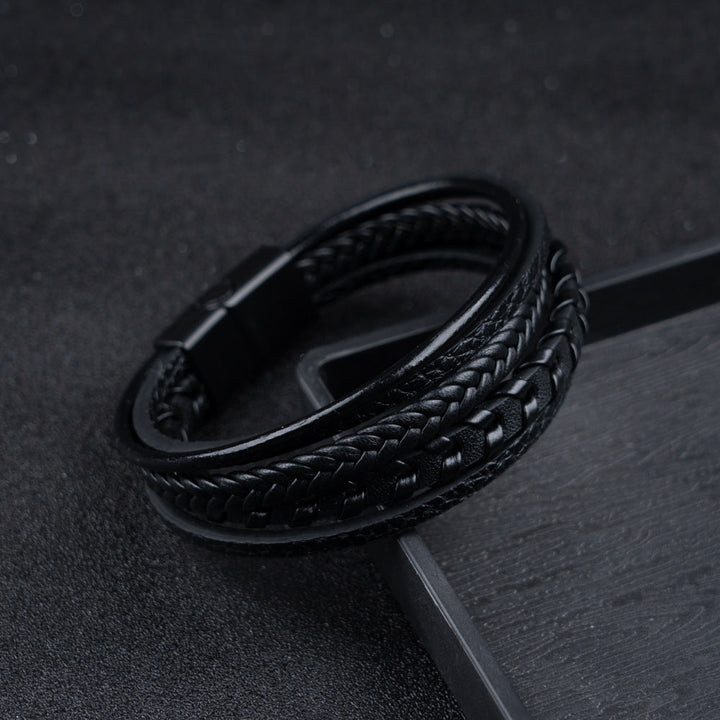 Handcrafted men's braided leather bracelet, Viking-inspired design with a durable magnetic clasp.