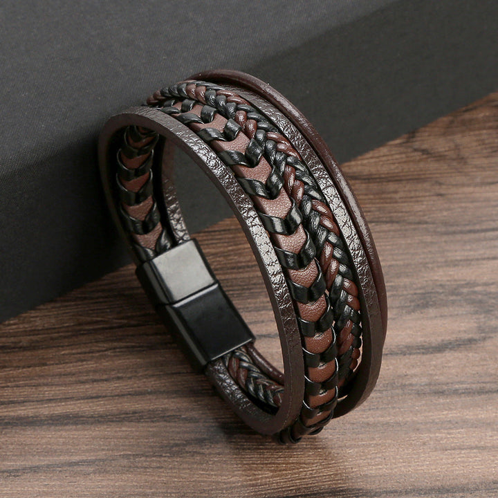 Black braided leather Viking bracelet for men, featuring a strong magnetic clasp. Rugged & stylish accessory.