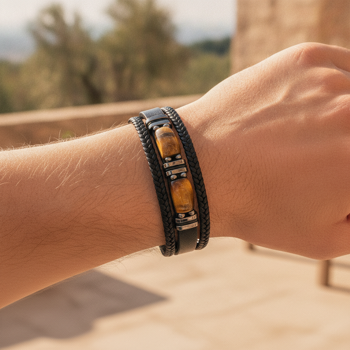 Men's braided tiger eye stone bracelet with stainless steel accent, perfect for casual style.