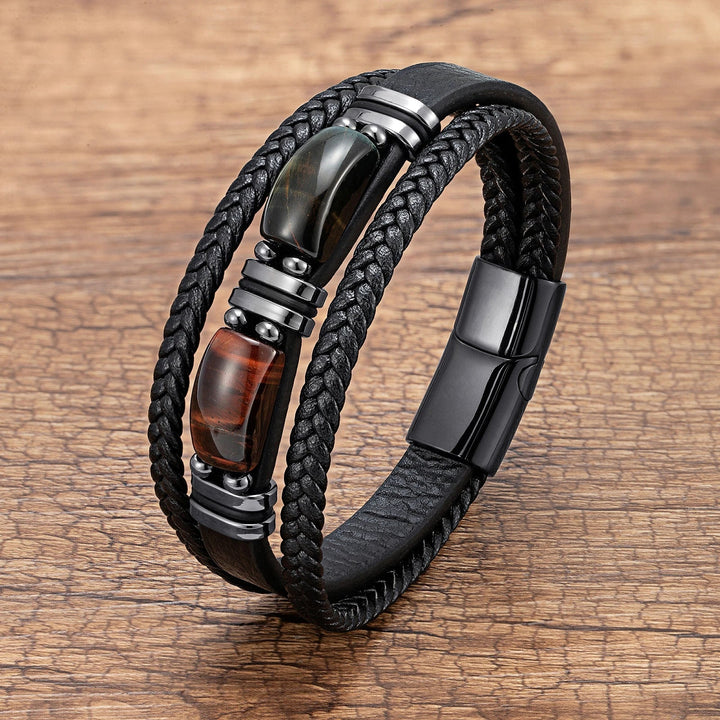 Men's unique braided tiger eye stone bracelet with durable stainless steel clasp for everyday wear.