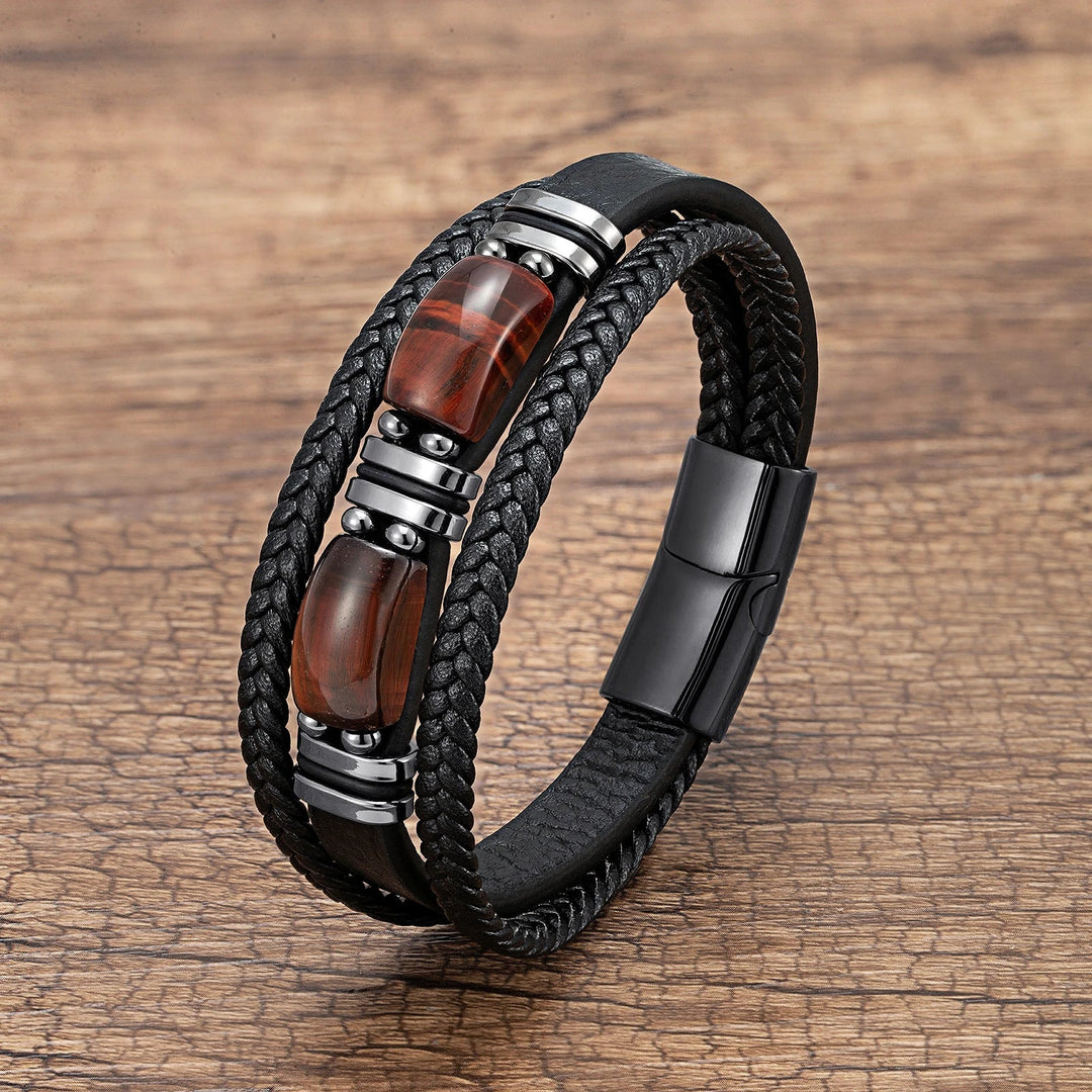 Casual men's wrist accessory: braided tiger eye bracelet adding confident style to any outfit.