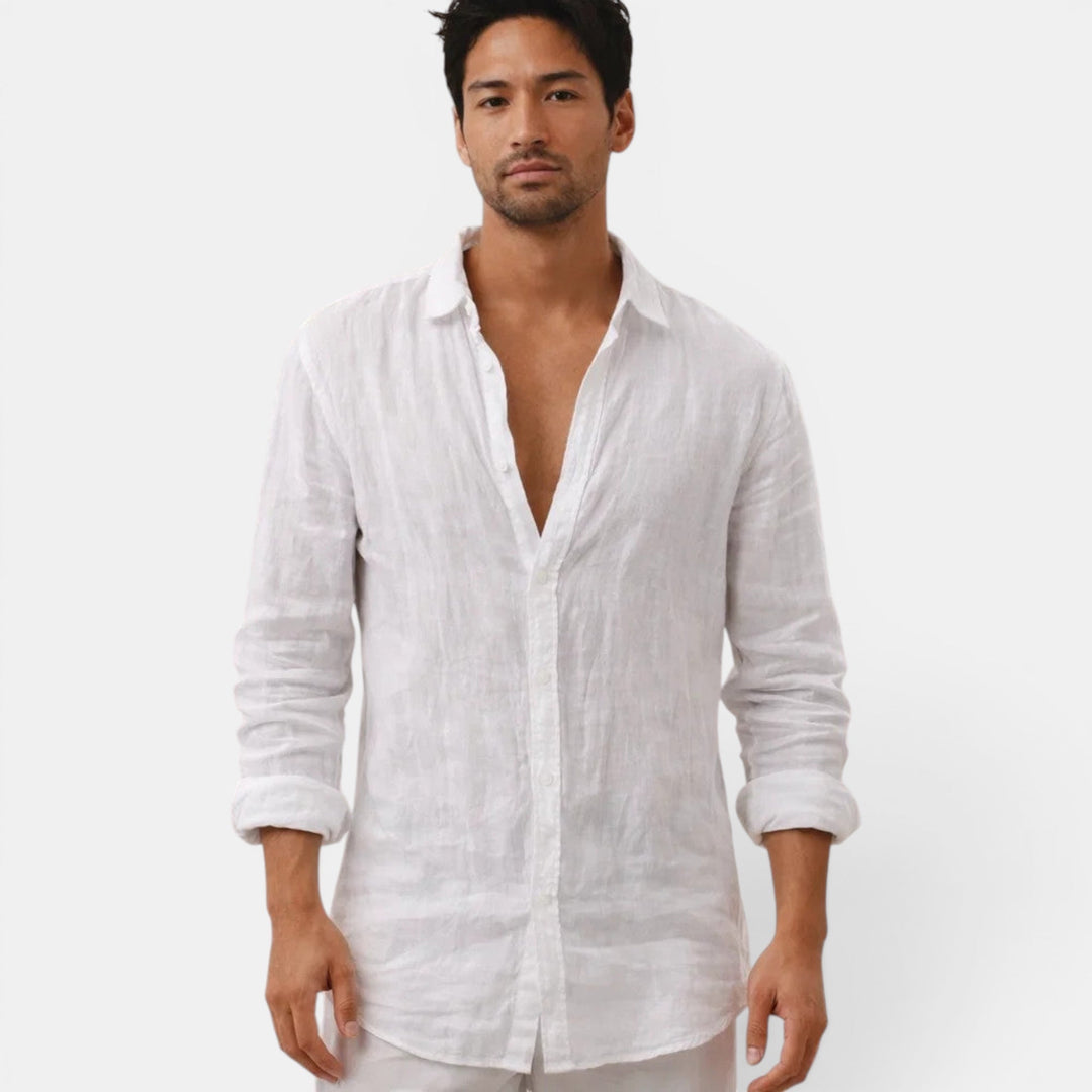 Solid color men's breathable button-up shirt, long sleeve. Casual, relaxed fit for summer fashion & everyday comfort.