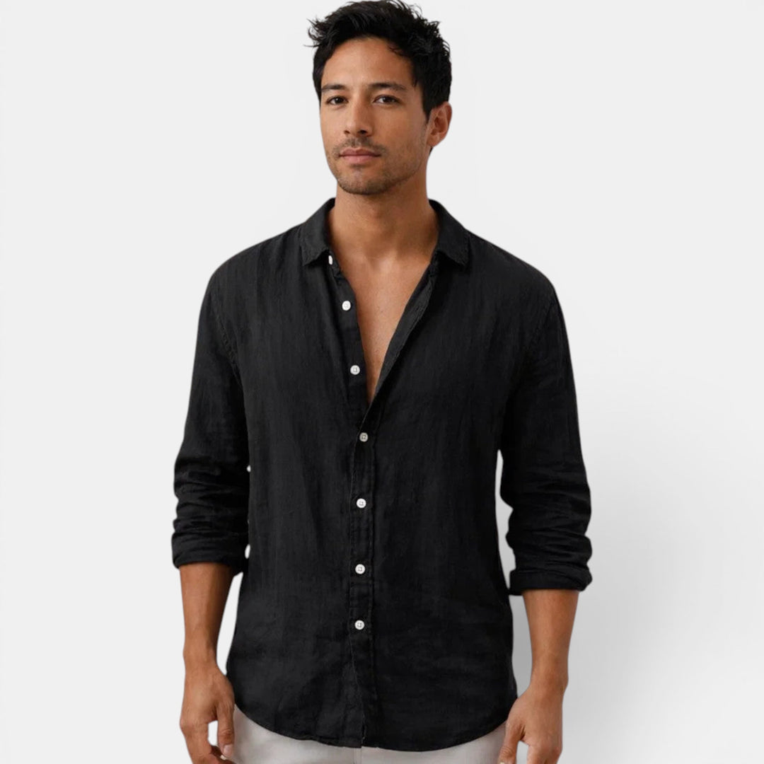 Breathable men's long sleeve top, casual button-up shirt. Perfect for warm weather, relaxed style & everyday use.