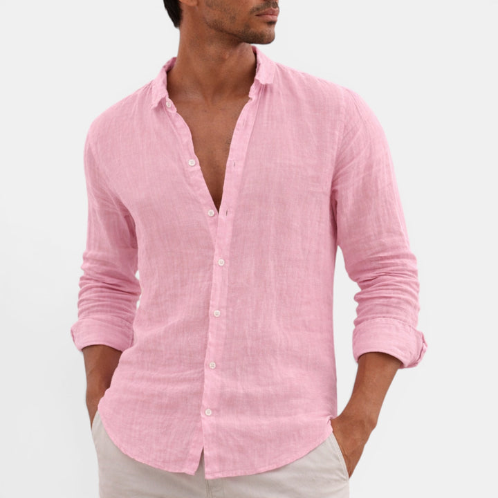 Stylish men's casual button-up shirt, long sleeve. Perfect for smart casual looks, vacation, and summer fashion.