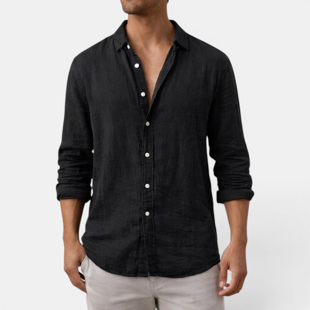 Relaxed fit men's long sleeve button-up shirt. Breathable fabric, great for summer fashion & everyday comfort.