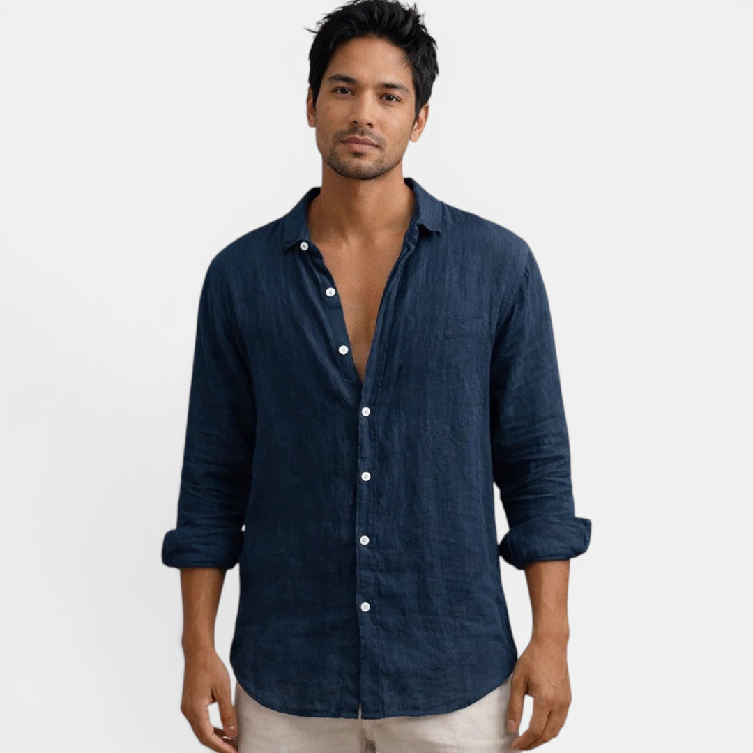 Summer fashion men's breathable long sleeve shirt. Casual button-up, comfortable & stylish for warm weather.