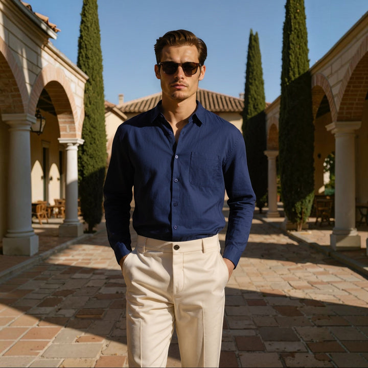 Modern men's fashion: breathable button-down shirt, casual & comfortable for any summer day.