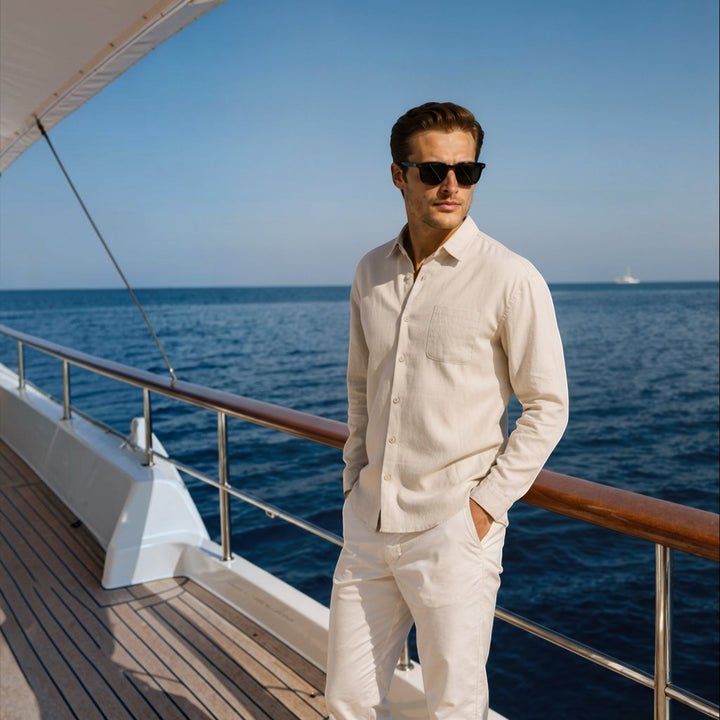 Front view: Men's lightweight breathable shirt, relaxed fit, suitable for casual summer fashion.