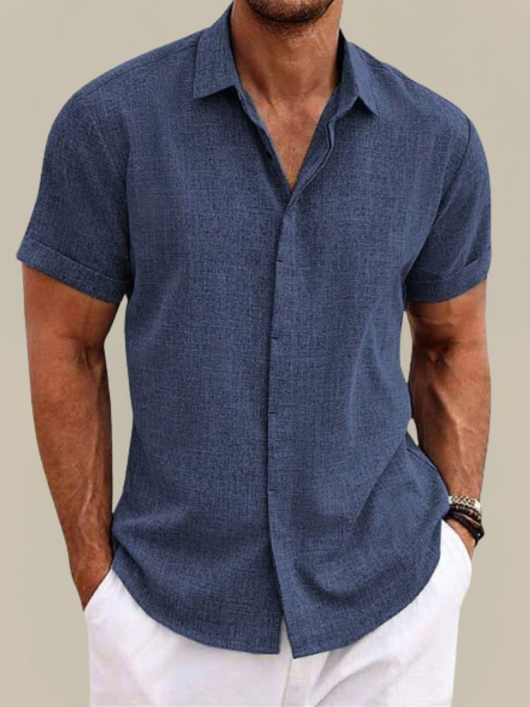 Men's breathable lightweight linen short sleeve button-up summer casual shirt