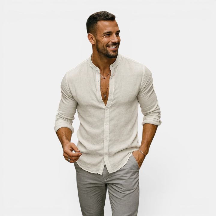 Men's breathable lightweight long sleeve shirt, relaxed fit, grandad collar for casual summer style.