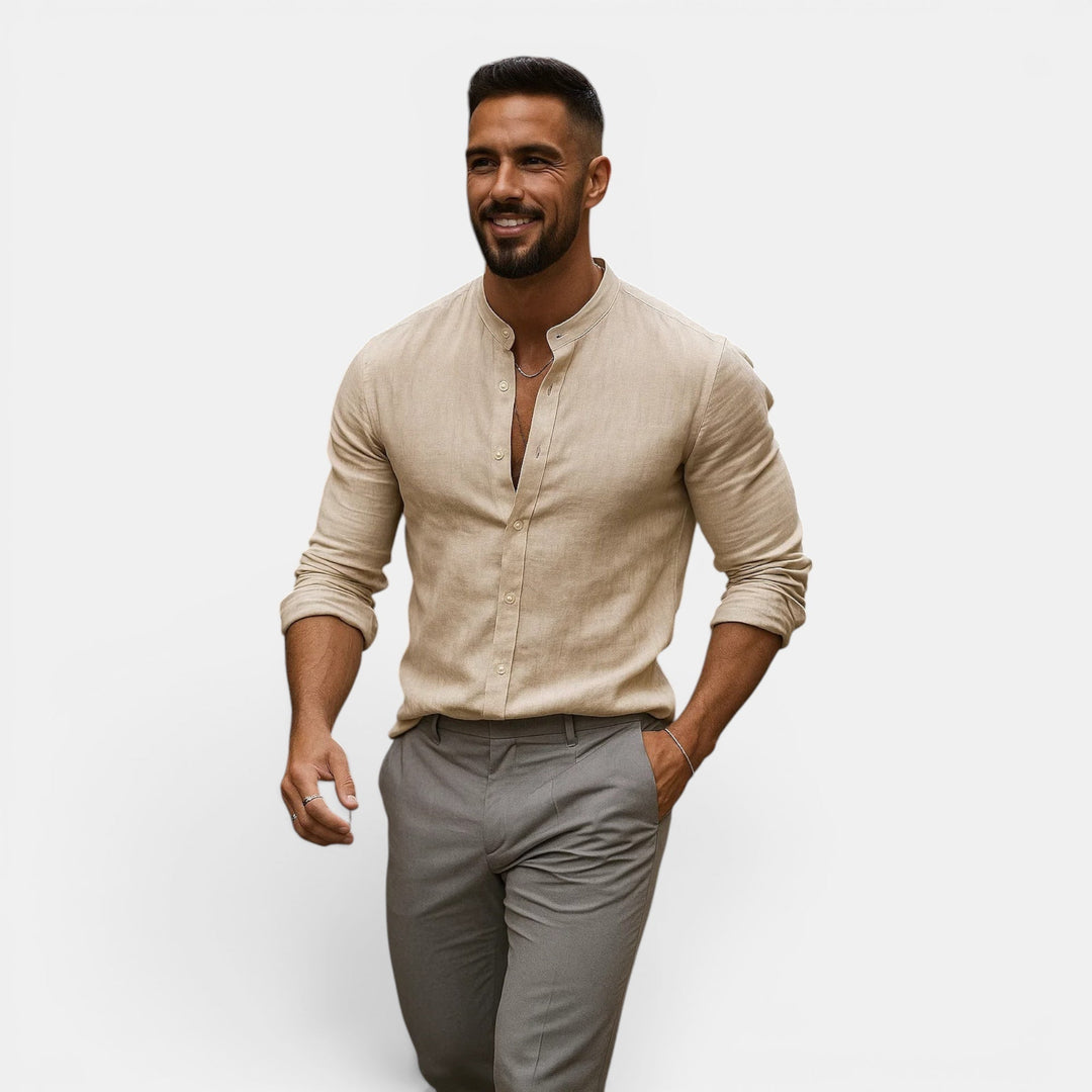 Casual men's long sleeve shirt with grandad collar. Relaxed fit, breathable, ideal for beach & summer fashion.
