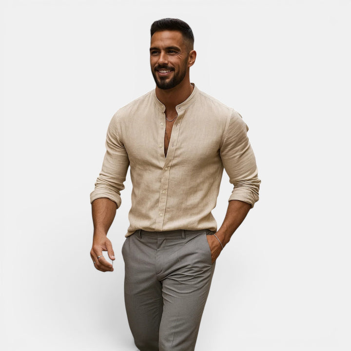 Casual men's long sleeve shirt with grandad collar. Relaxed fit, breathable, ideal for beach & summer fashion.