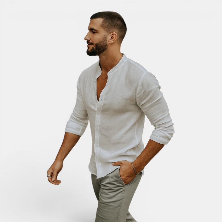 Comfortable men's relaxed fit long sleeve shirt. Lightweight, breathable, grandad collar, ideal for summer.