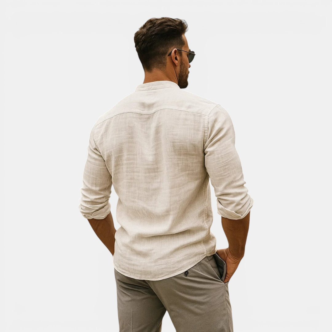 Men's breathable lightweight long sleeve shirt. Relaxed fit, grandad collar, perfect casual summer beachwear.