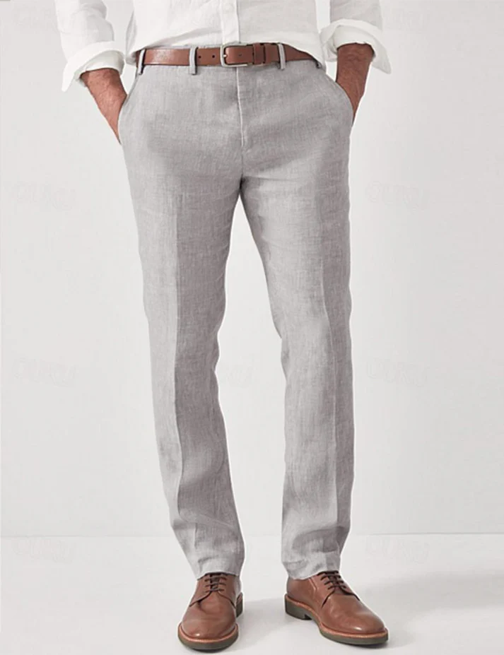 Lightweight linen pants for men, offering a comfortable modern fit for summer fashion.