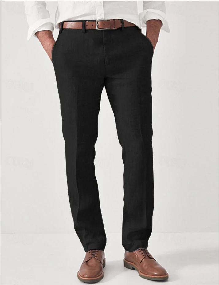 Close-up of the texture on men's breathable linen summer trousers, showcasing quality fabric.