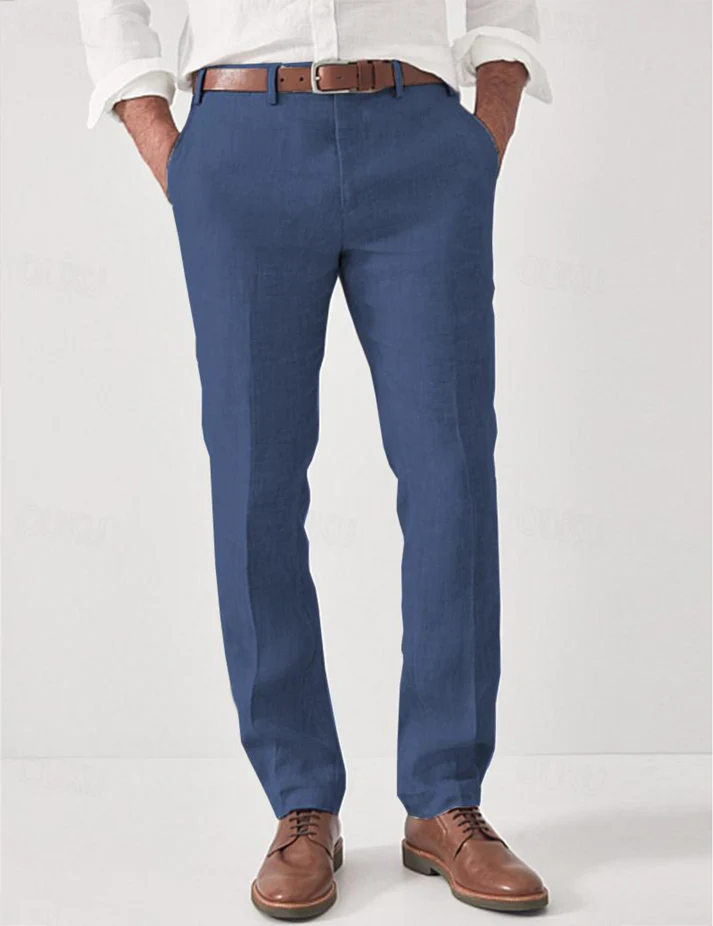 Side view of men's summer trousers made from breathable linen, highlighting the modern cut.