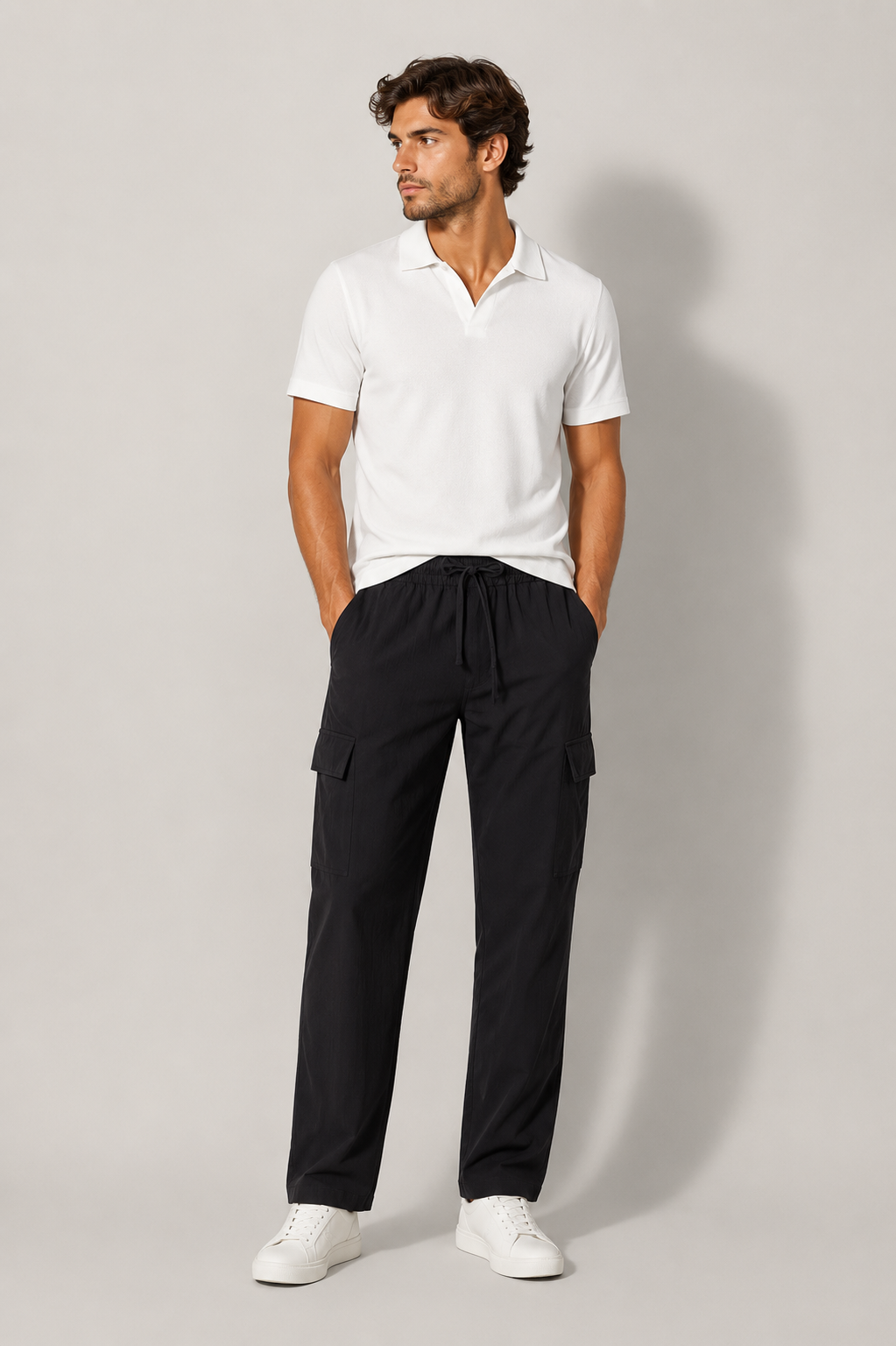 Men's breathable multi-pocket casual pants with drawstring. Comfortable straight leg design for summer & spring.